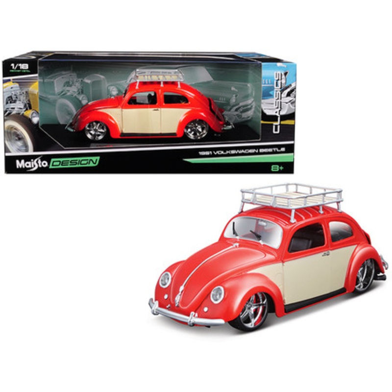 1/18 Maisto 1951 Volkswagen Beetle with Roof Rack (Orange Red) Diecast Car Model