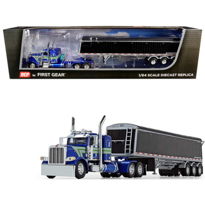 Peterbilt 389 36" Flattop Sleeper Cab with Lode King Distinction Tri-Axle Hopper Trailer Blue Metallic and Black 1/64 Diecast Model by DCP/First Gear