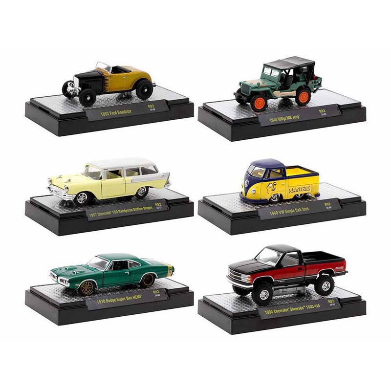 "Auto Meets" Set of 6 Cars IN DISPLAY CASES Release 82 Limited Edition 1/64 Diecast Model Cars by M2 Machines