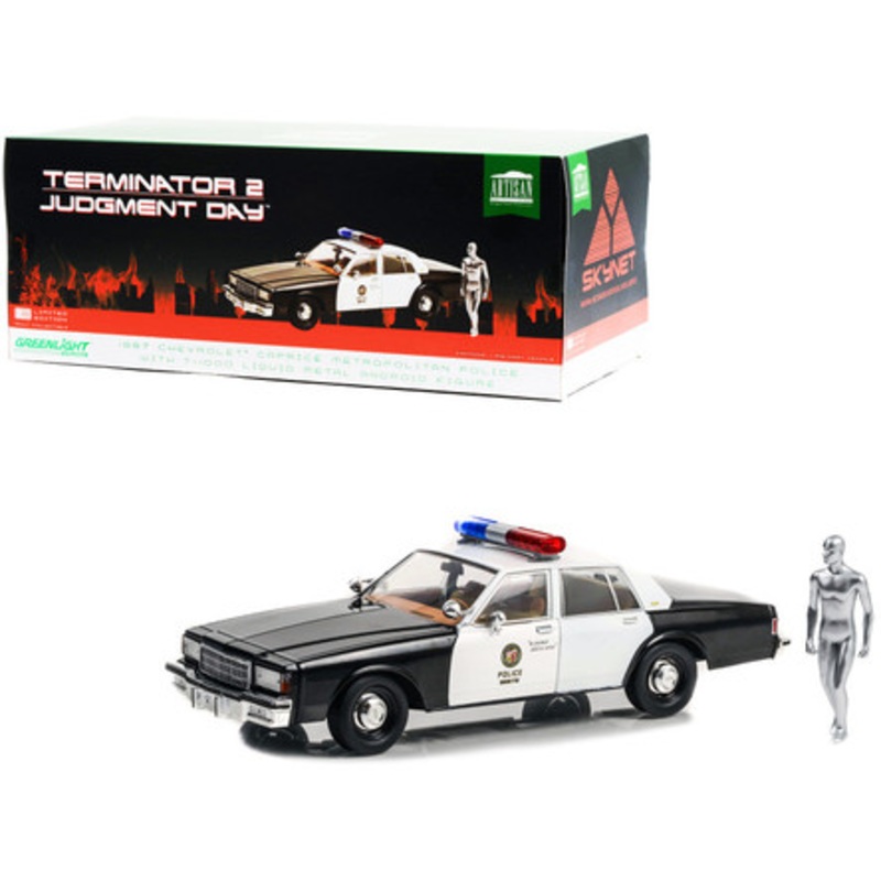 1/18 Greenlight 1987 Chevrolet Caprice Metropolitan Police Black and White with T-1000 Liquid Metal Android Diecast Figure "Terminator 2: Judgment Day" (1991) Movie "Artisan Collection" Diecast Car Model