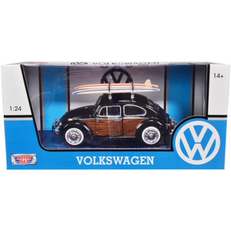 1/24 Motormax 1966 Volkswagen Beetle (Black with Wood Panels & Two Surfboards on Roof Rack) Diecast Car Model