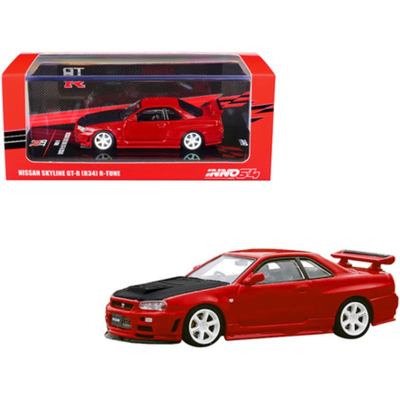 Nissan Skyline GT-R (R34) R-Tune RHD (Right Hand Drive) Active Red with Carbon Hood with Extra Wheels 1/64 Diecast Model Car by Inno Models