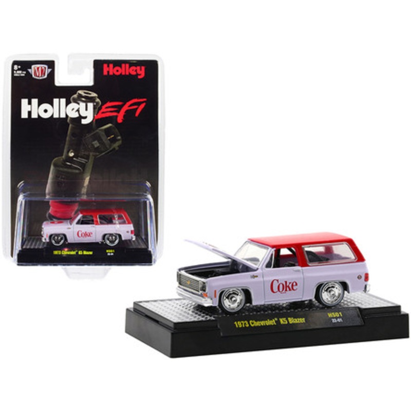 1/64 M2 Machines 1973 Chevrolet K5 Blazer with Lowered Chassis "Coke" White with Coke Red Top "Holley EFI" Diecast Car Model Limited