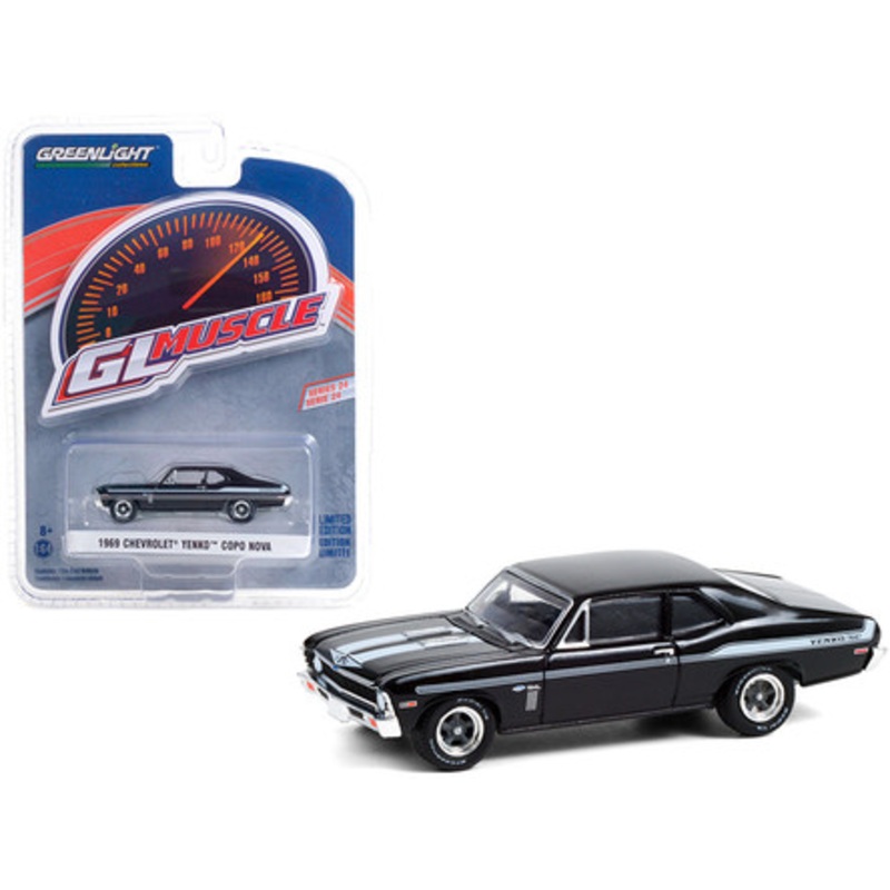 1969 Chevrolet Yenko/SC COPO Nova Tuxedo Black with Light Blue Stripes "Greenlight Muscle" Series 24 1/64 Diecast Model Car by Greenlight