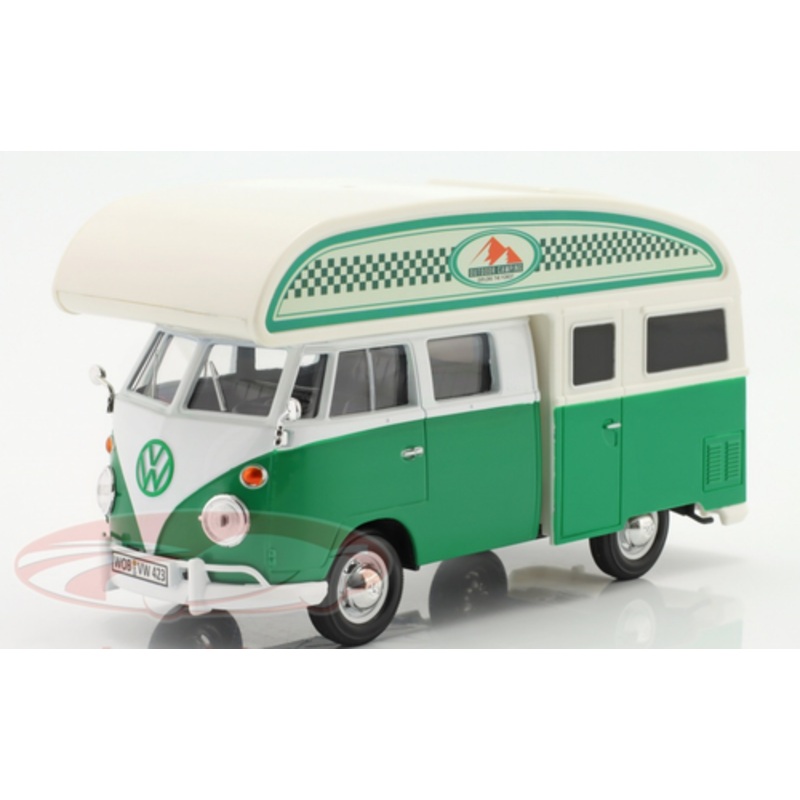 Volkswagen Type 2 (T1) Camper Van Green and White "Outdoor Camping Explore the Forest" 1/24 Diecast Model Car by Motormax