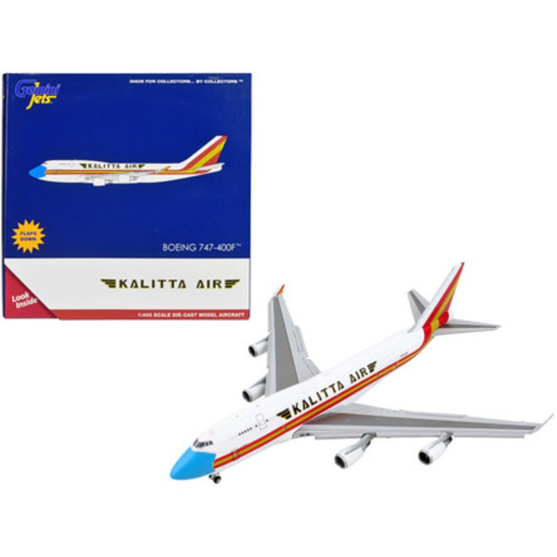 Boeing 747-400F Commercial Aircraft with Flaps Down "Kalitta Air" White with Stripes "Mask" Livery 1/400 Diecast Model Airplane by GeminiJets