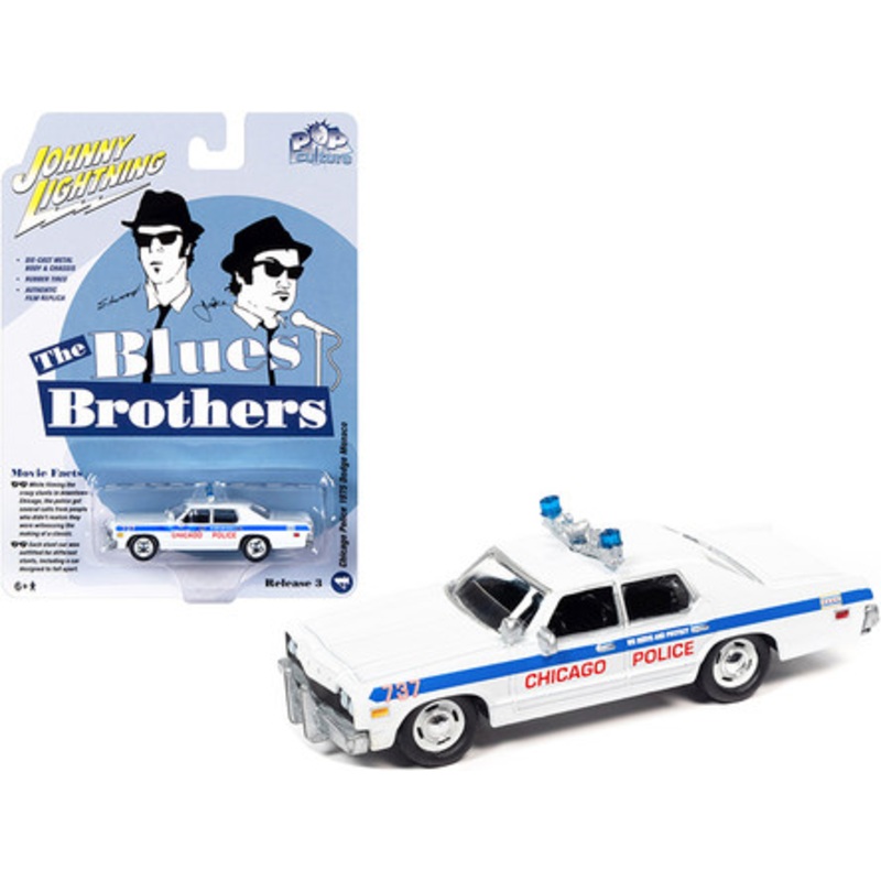 1975 Dodge Monaco White with Blue Stripes "Chicago Police Department" "The Blues Brothers" (1980) Movie "Pop Culture" Series 3 1/64 Diecast Model Car by Johnny Lightning
