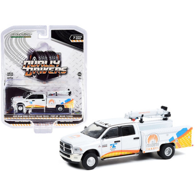 2015 RAM 3500 Dually Crane Truck "Port of Miami Tunnel" White with Graphics "Dually Drivers" Series 7 1/64 Diecast Model Car by Greenlight