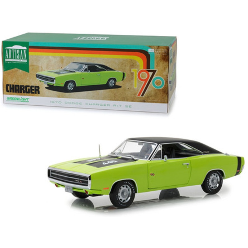 1970 Dodge Charger R/T SE 440 Sublime Green with Black Top and Black Stripes 1/18 Diecast Model Car by Greenlight