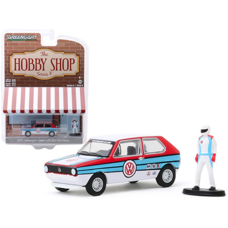 1975 Volkswagen Rabbit White with Stripes and Race Car Driver Figurine "The Hobby Shop" Series 8 1/64 Diecast Model Car by Greenlight