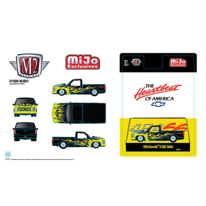 1/64 M2 Machines 1993 Chevrolet C1500 454SS Pickup (Custom Black with Yellow Flames) Diecast Car Model