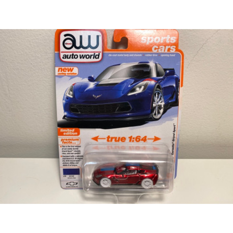 CHASE CAR 1/64 Auto World 2018 Chevrolet Corvette Grand Sport (Red with Black Stripe & White Wheels) Diecast Car Model