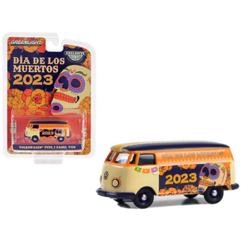 Volkswagen Type 2 Panel Van Beige and Orange with Blue Top "Dia de los Muertos 2023" "Hobby Exclusive" Series 1/64 Diecast Model Car by Greenlight