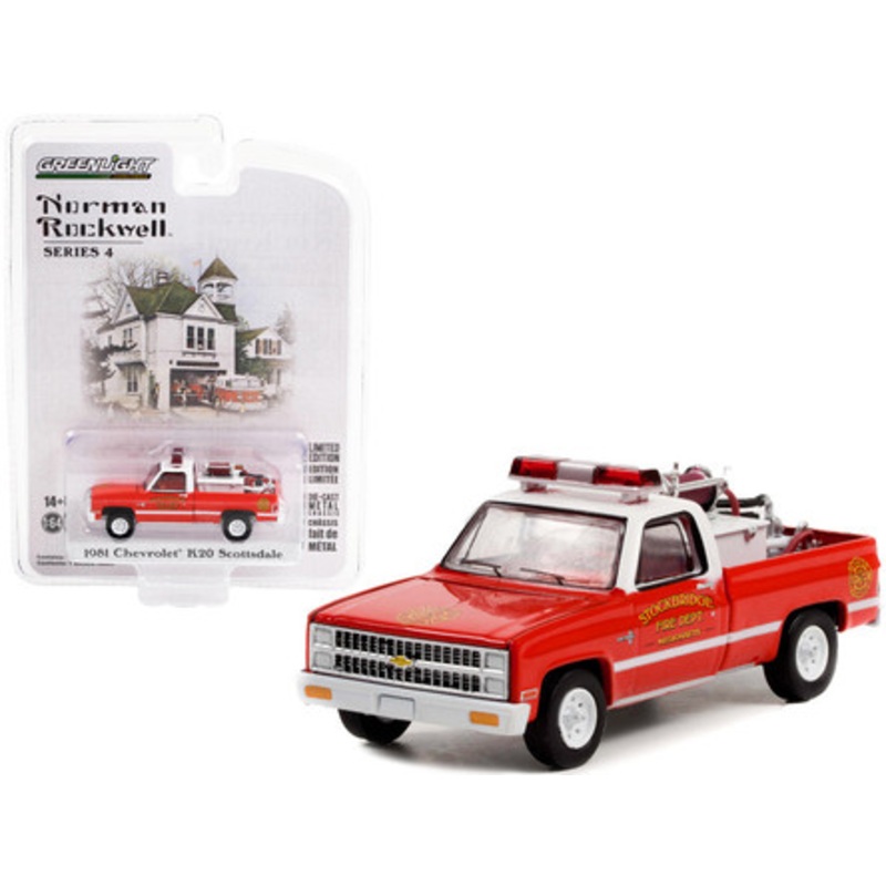 1981 Chevrolet K20 Scottsdale Pickup Truck Red and White "Stockbridge Fire Department Massachusetts" with Fire Equipment Hose and Tank "Norman Rockwell" Series 4 1/64 Diecast Model Car by Greenlight