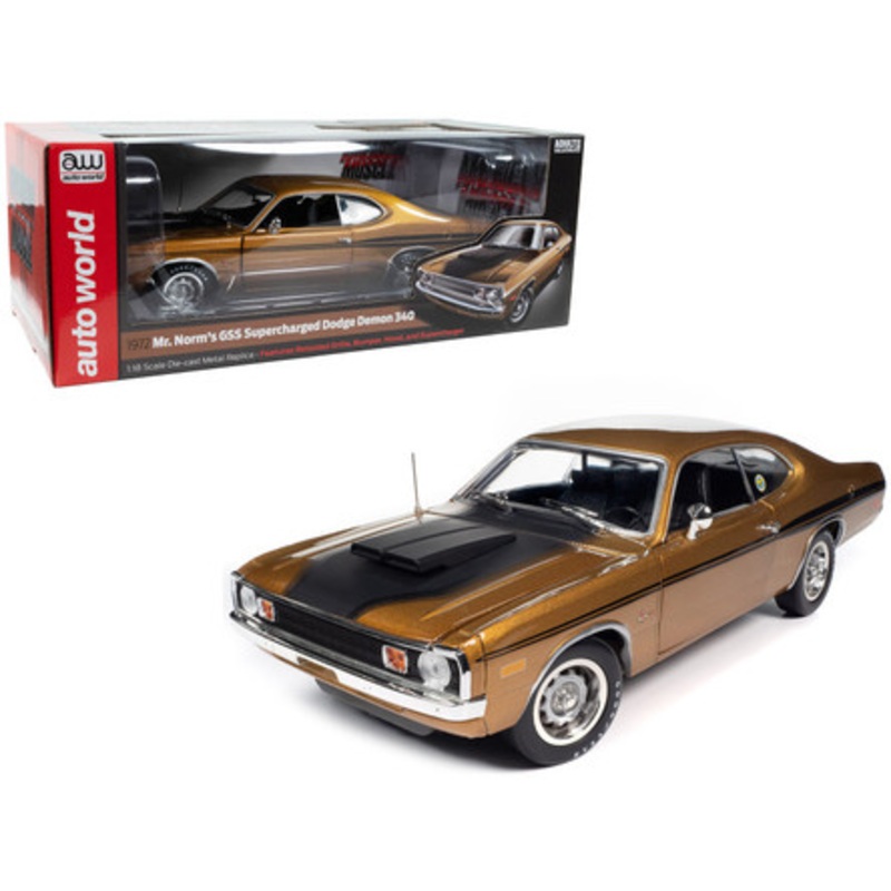Mr Norm's 1972 Dodge Demon GSS SuperCharged Gold Metallic with Black Stripes and Hood "American Muscle" Series 1/18 Diecast Model Car by Auto World