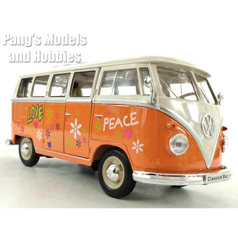 Volkswagen (VW) T1 Type-2 Bus 1962 - Peace & Love - Orange - 1/24 Diecast Metal Model by Welly
