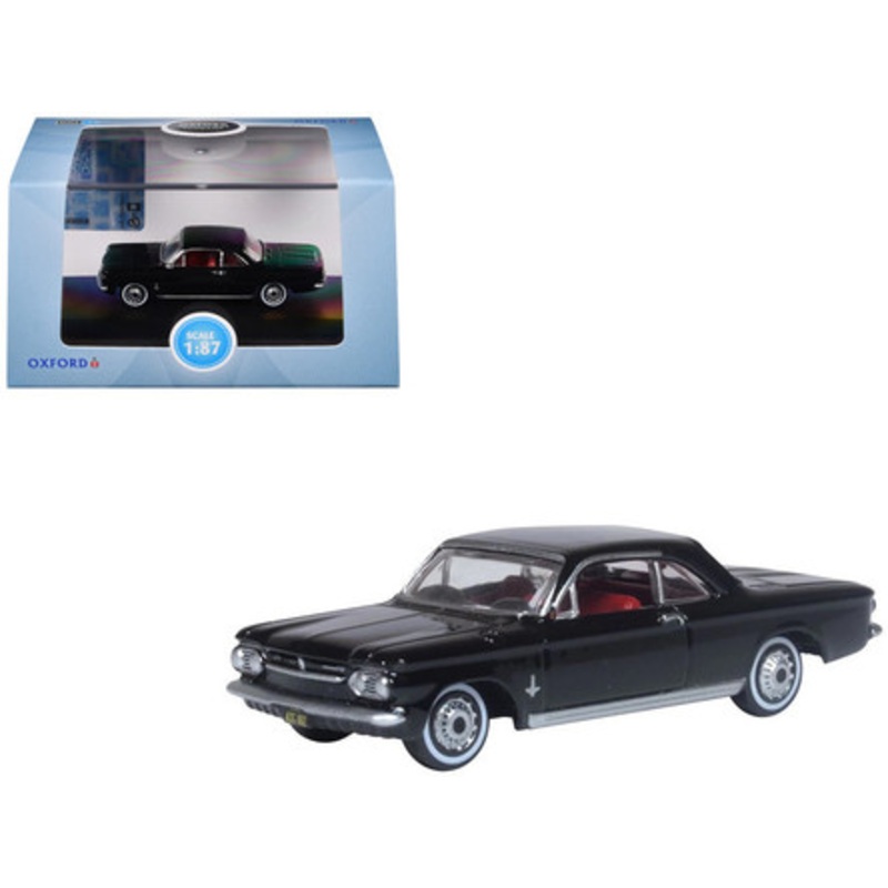 1963 Chevrolet Corvair Coupe Tuxedo Black with Red Interior 1/87 (HO) Scale Diecast Model Car by Oxford Diecast