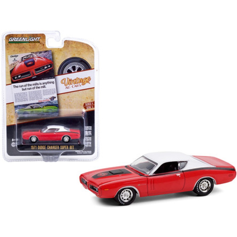 1971 Dodge Charger "Super Bee" Red with Black Stripes and White Top "The Run Of The Mills Is Anything But Run Of The Mill" "Vintage Ad Cars" Series 4 1/64 Diecast Model Car by Greenlight