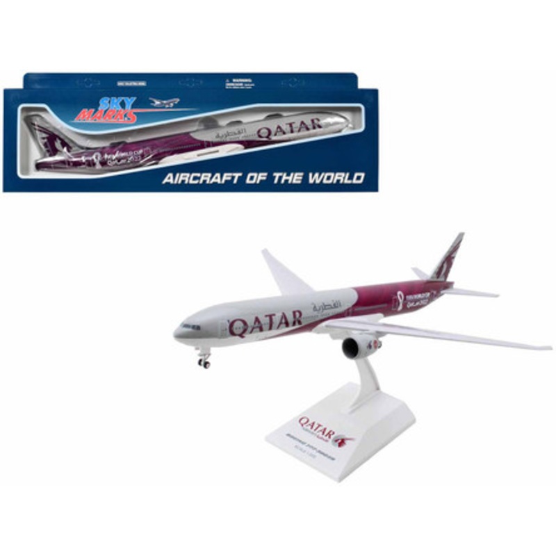 Boeing 777-300 Commercial Aircraft with Landing Gear "Qatar Airways - FIFA World Cup Qatar 2022" Gray and Dark Red (Snap-Fit) 1/200 Plastic Model by Skymarks