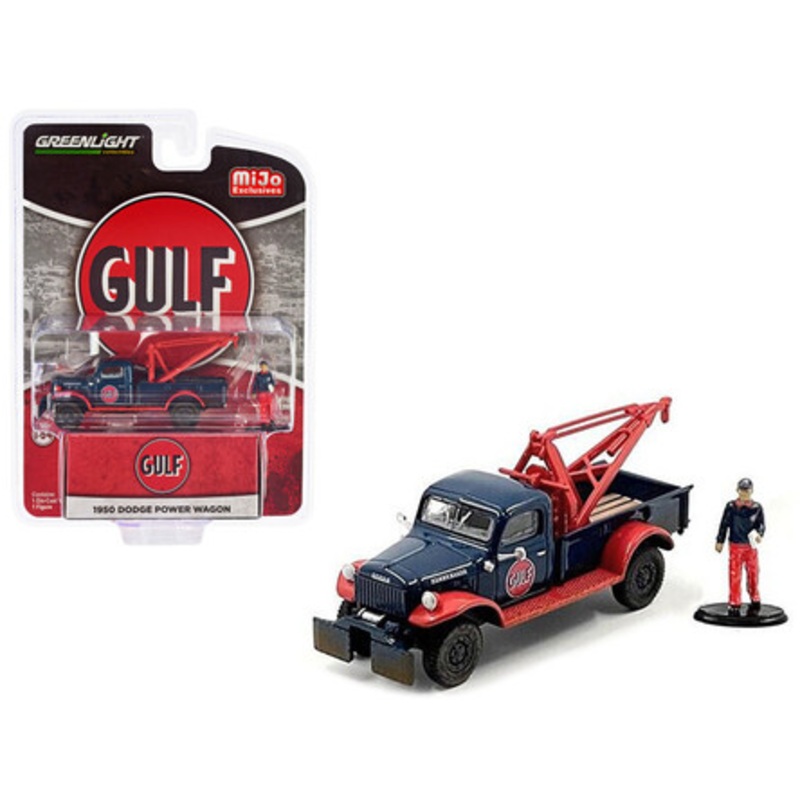 1950 Dodge Power Wagon Tow Truck Dark Blue (Weathered) "Gulf Oil" with Mechanic Figure Limited Edition to 3600 pieces Worldwide 1/64 Diecast Model Car by Greenlight