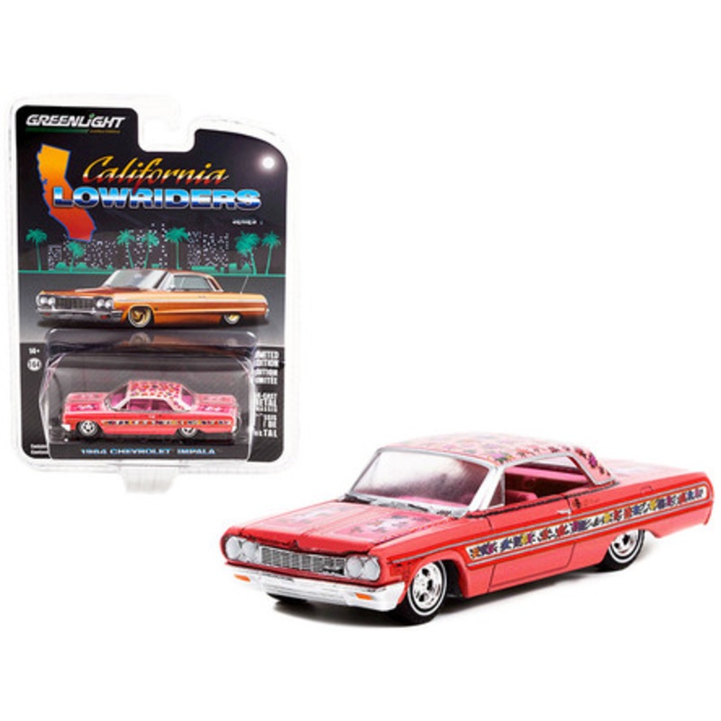 1964 Chevrolet Impala Lowrider Pink Metallic with Rose Graphics and Pink Interior "California Lowriders" Release 1 1/64 Diecast Model Car by Greenlight