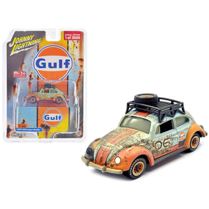 1970 Volkswagen Beetle #06 Light Blue and Orange (Weathered) "Gulf Oil" with Roof Rack Limited Edition to 3600 pieces Worldwide 1/64 Diecast Model Car by Johnny Lightning
