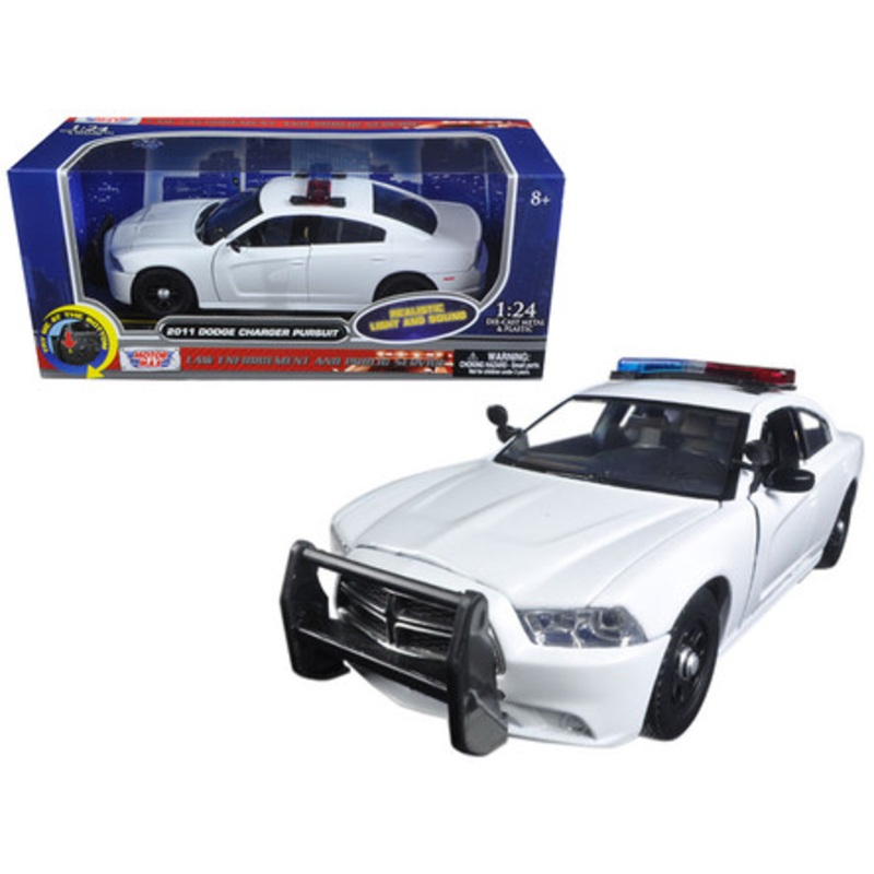 1/24 Motormax 2011 Dodge Charger Pursuit Police Car White with Flashing Light Bar, Front and Rear Lights and 2 Sounds Diecast Car Model