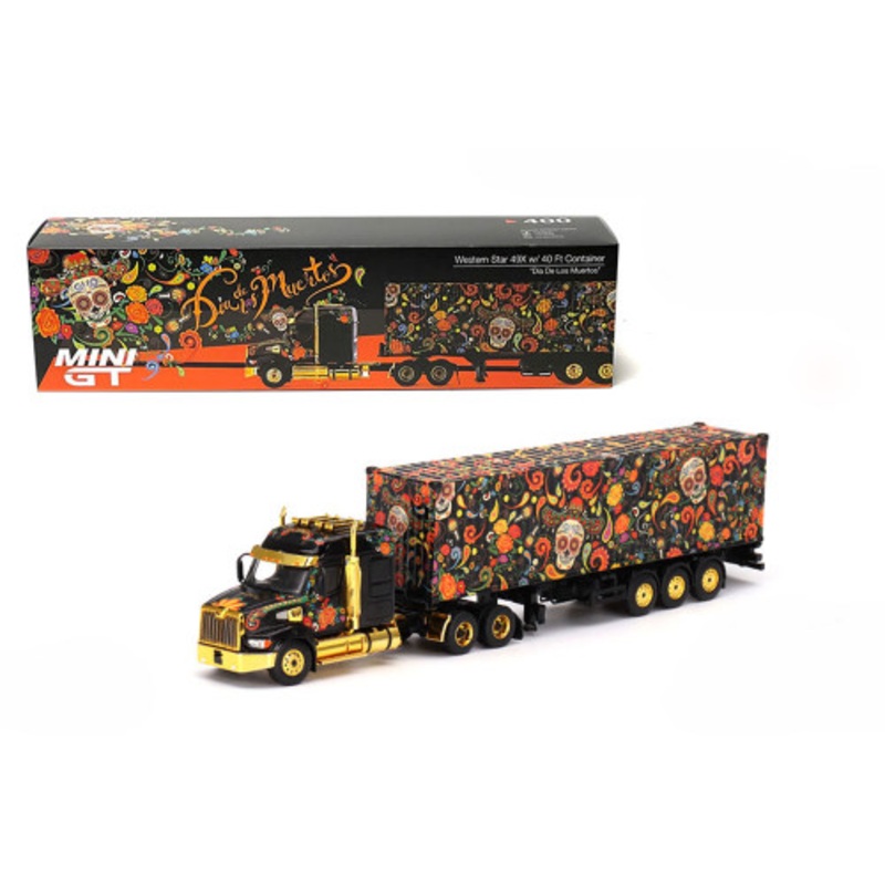 1/64 Mini GT Western Star 49X with 40 Ft Container "Dia de los Muertos" (Day of the Dead) Black with Graphics Diecast Car Model