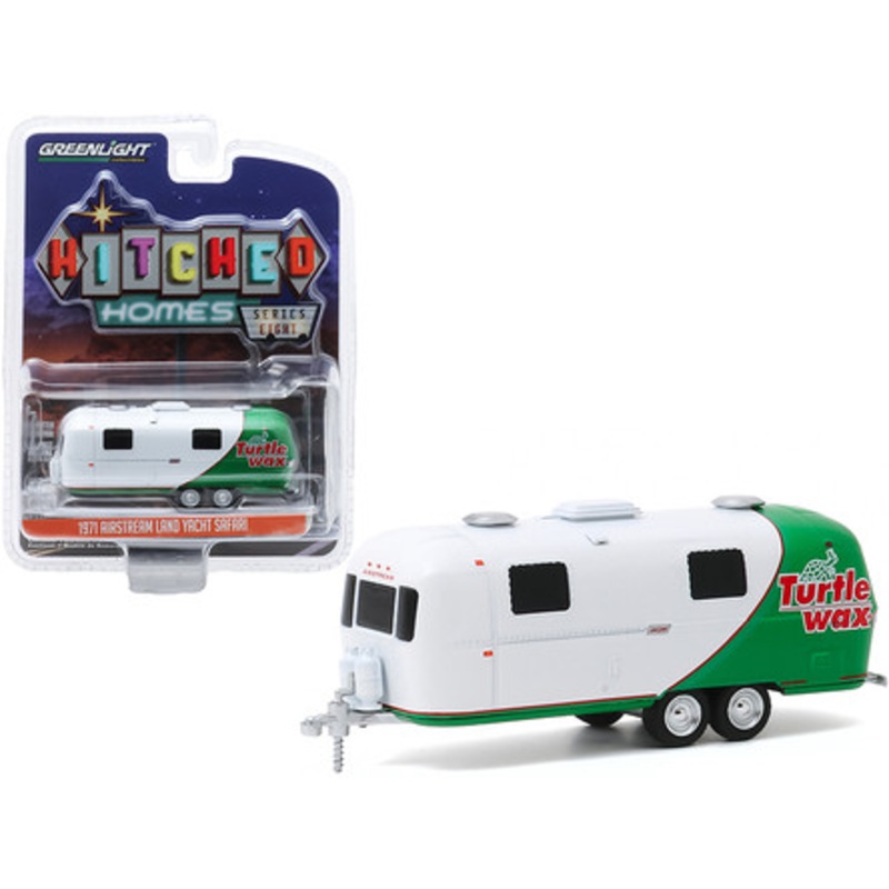 1971 Airstream Double-Axle Land Yacht Safari Travel Trailer "Turtle Wax" White and Green "Hitched Homes" Series 8 1/64 Diecast Model by Greenlight