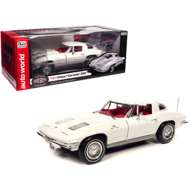 1/18 Auto World 1963 Chevrolet Corvette Z06 Split-Window Coupe Ermine White with Red Interior Diecast Car Model