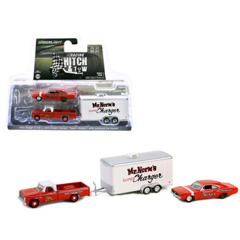 1966 Dodge D-100 Pickup Truck Red with White Top and 1969 Dodge Super Charger Red with White Stripe with Enclosed Car Hauler "Mr. Norms Super Charger" "Racing Hitch & Tow" Series 5 1/64 Diecast Model Car by Greenlight