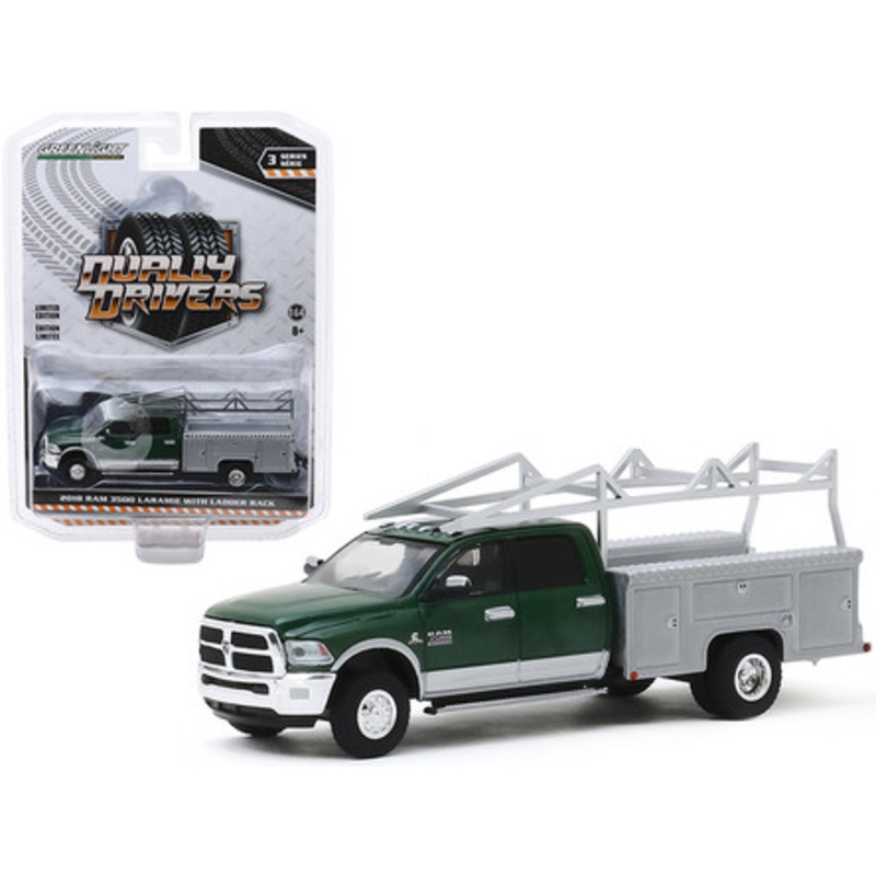 2018 RAM 3500 Laramie Dually Service Bed Truck with Ladder Rack Green Metallic and Gray Metallic "Dually Drivers" Series 3 1/64 Diecast Model Car by Greenlight