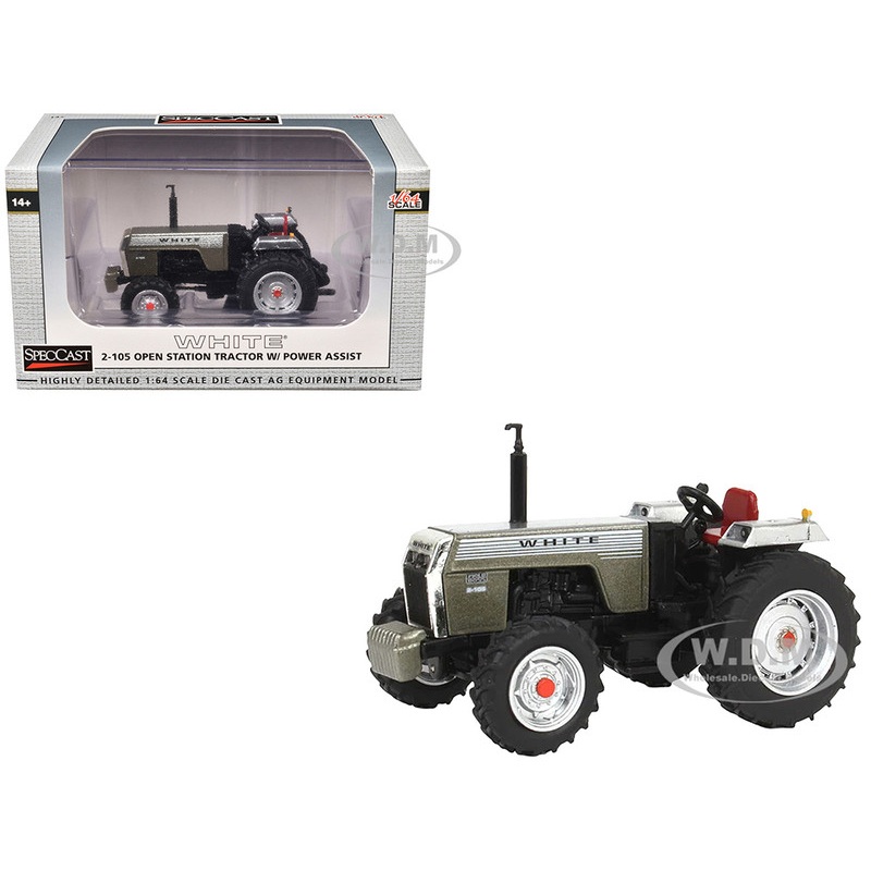 White 2-105 Open Station Power Assist Tractor Brushed Metal with White Stripes 1/64 Diecast Model by SpecCast