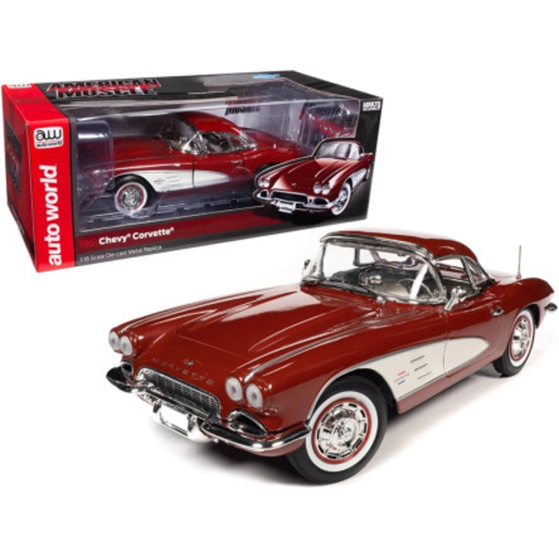 1/18 Auto World 1961 Chevrolet Corvette C1 Honduras (Maroon Metallic with White Coves and Gold Interior) Diecast Car Model