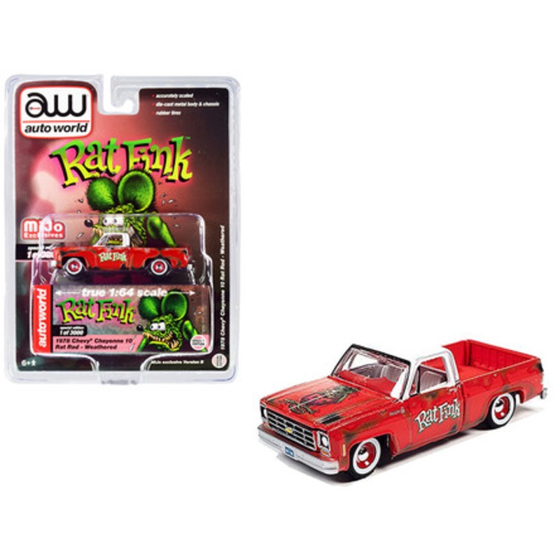 1978 Chevrolet Cheyenne 10 Rat Rod Pickup Truck Red with White Top (Weathered) "Rat Fink" Limited Edition to 3000 pieces Worldwide 1/64 Diecast Model Car by Autoworld
