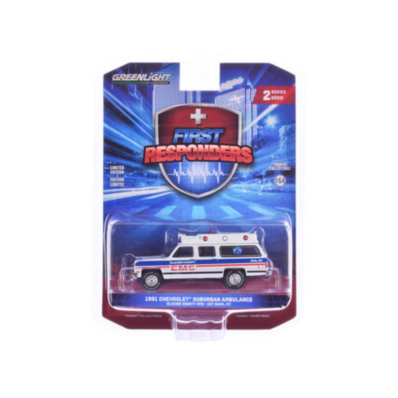1991 Chevrolet Suburban Ambulance "Glacier County EMS - Cut Bank Montana" White with Blue and Red Stripes "First Responders" 1/64 Diecast Model Car by Greenlight
