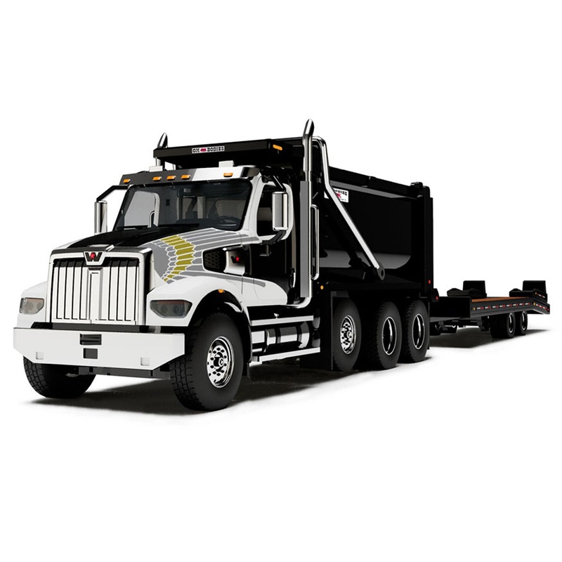 Western Star 49X Truck with Ox Bodies Dump & Beaver Tail Trailer Black with White Graphics 1/64 Diecast Model by DCP/First Gear