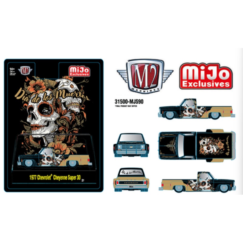 1/64 M2 Machines 1977 Chevrolet Cheyenne Super 30 Dia De Los Muertos 2025 (Black Gold) Diecast Car Model