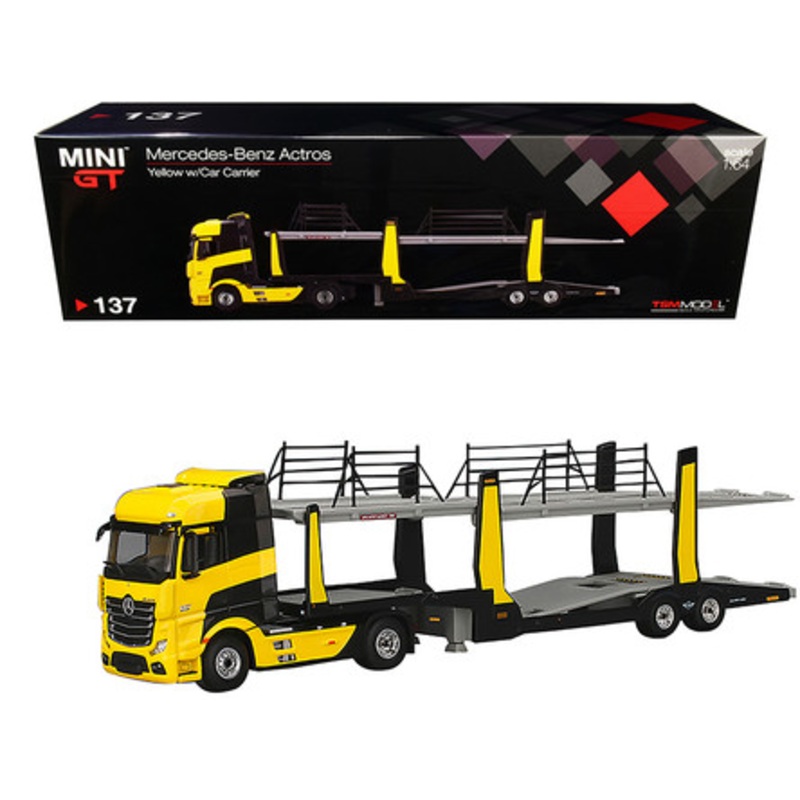Mercedes Benz Actros with Car Carrier Trailer Transporter Yellow 1/64 Diecast Model by True Scale Miniatures