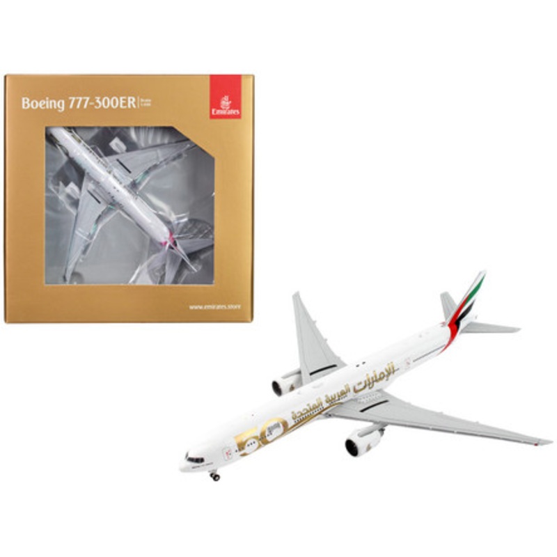 Boeing 777-300ER Commercial Aircraft "Emirates Airlines - UAE 50th Anniversary" White with Gold Graphics 1/400 Diecast Model Airplane by GeminiJets