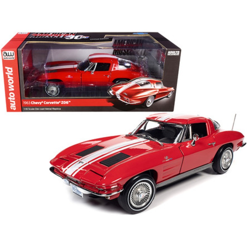 1/18 Auto World 1963 Chevrolet Corvette Stingray Z06 Riverside Red with White Stripes "American Muscle 30th Anniversary" Diecast Car Model