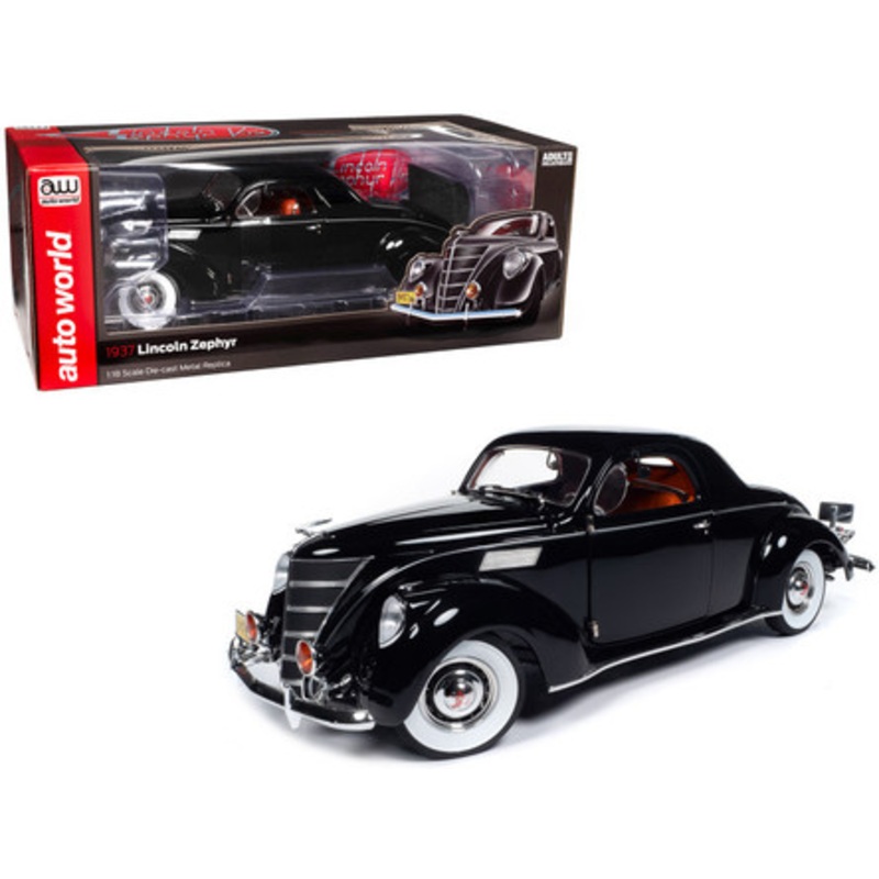 1/18 Auto World 1937 Lincoln Zephyr (Black with Red Interior) Diecast Car Model