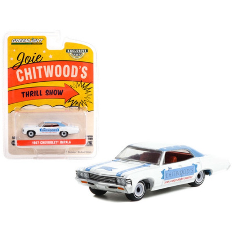1967 Chevrolet Impala Sport Sedan White with Blue Stripes "Joie Chitwoods Thrill Show: Legion of Worlds Greatest Daredevils" "Hobby Exclusive" Series 1/64 Diecast Model Car by Greenlight