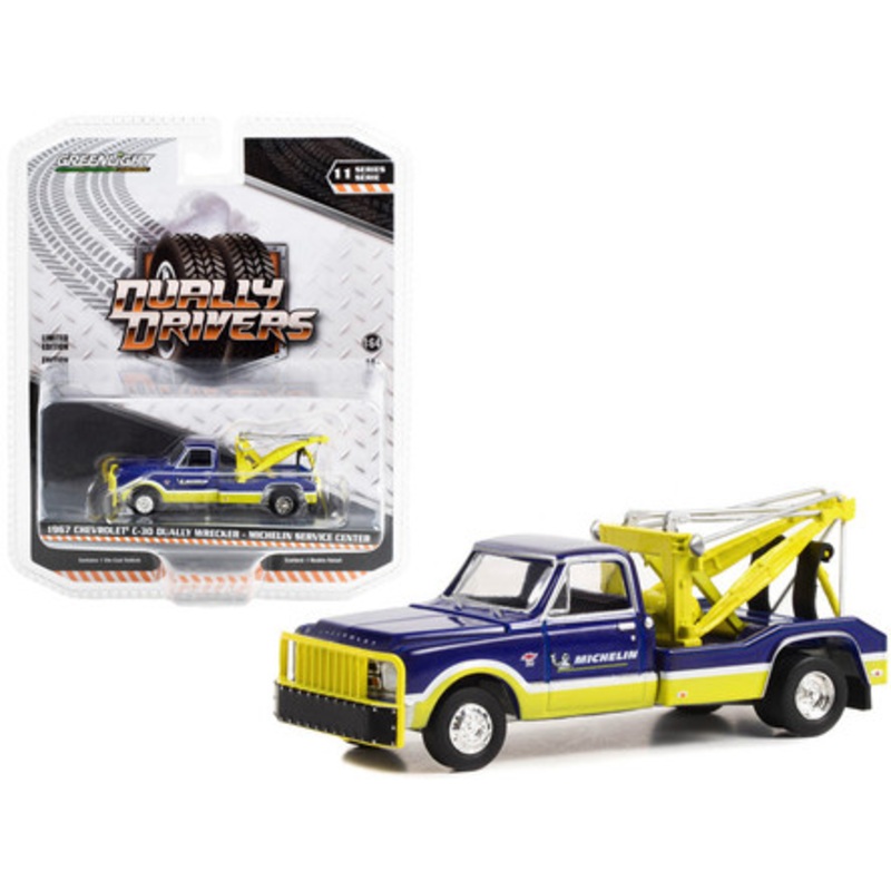 1967 Chevrolet C-30 Dually Wrecker Tow Truck "Michelin Service Center" Blue and Yellow "Dually Drivers" Series 11 1/64 Diecast Model Car by Greenlight