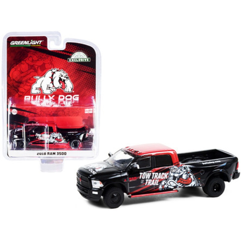 2018 RAM 3500 Dually "Bully Dog" Pickup Truck Black and Red with Graphics "Tow Track or Trail" "Hobby Exclusive" 1/64 Diecast Model Car by Greenlight
