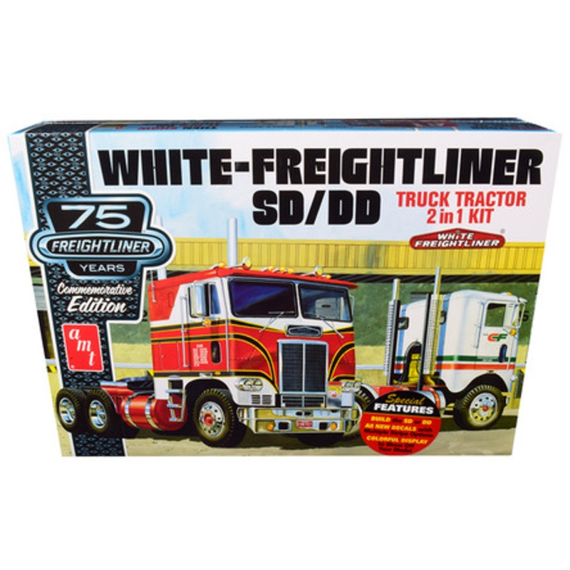 Skill 3 Model Kit White Freightliner SD/DD Truck Tractor 2 in 1 Kit with Display Base "75th Freightliner Anniversary" Commemorative Edition 1/25 Scale Model by AMT