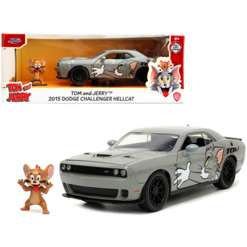2015 Dodge Challenger Hellcat Gray with "Tom" Graphics and Jerry Diecast Figure "Tom and Jerry" "Hollywood Rides" Series 1/24 Diecast Model Car by Jada