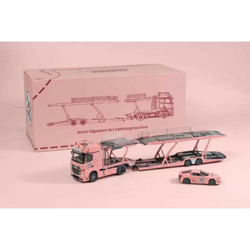 1/64 Shadow Pro Mercedes-Benz Actros Double Level Trailer with Lexus LFA #23 Pink Pig Diecast Car Model