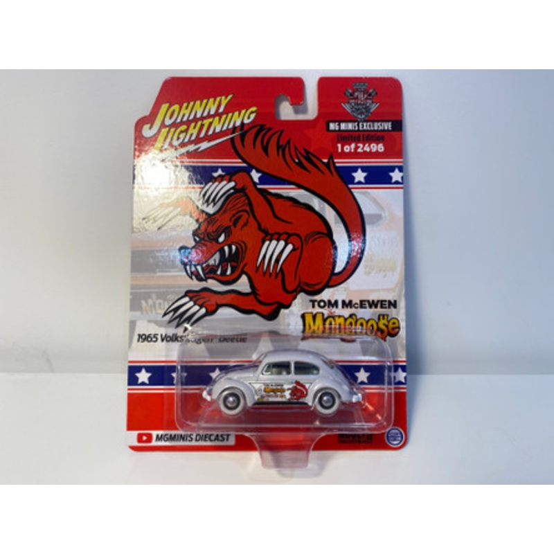 CHASE CAR 1/64 Johnny Lightning 1965 Volkswagen Beetle MG Minis Exclusive Tom McEwen Mongoose (White) Diecast Car Model