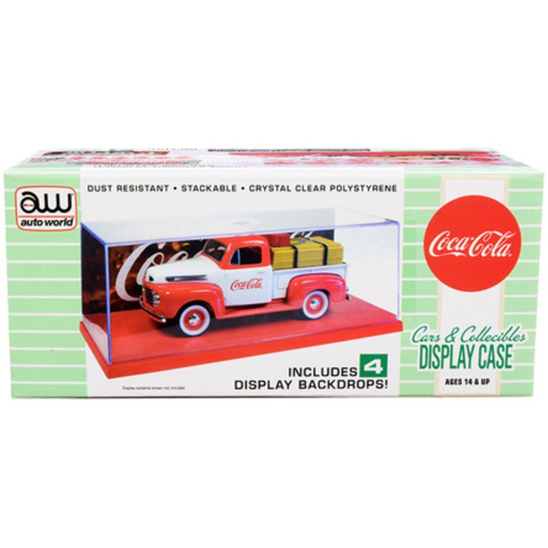Collectible Acrylic Display Show Case with Red Plastic Base and 4 "Coca-Cola" Display Backdrops for 1/43 Scale Model Cars by Autoworld